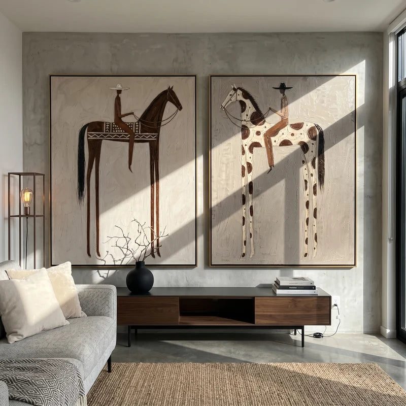 Patterned Brown and Pinto Horse Rider Diptych – Neutral Western Wall Art#yy825108