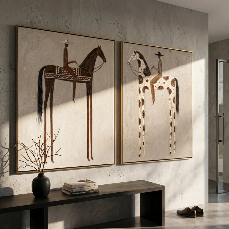 Patterned Brown and Pinto Horse Rider Diptych – Neutral Western Wall Art#yy825108