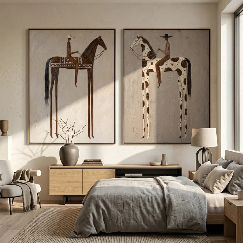 Patterned Brown and Pinto Horse Rider Diptych – Neutral Western Wall Art#yy825108