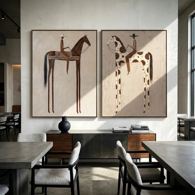 Patterned Brown and Pinto Horse Rider Diptych – Neutral Western Wall Art#yy825108