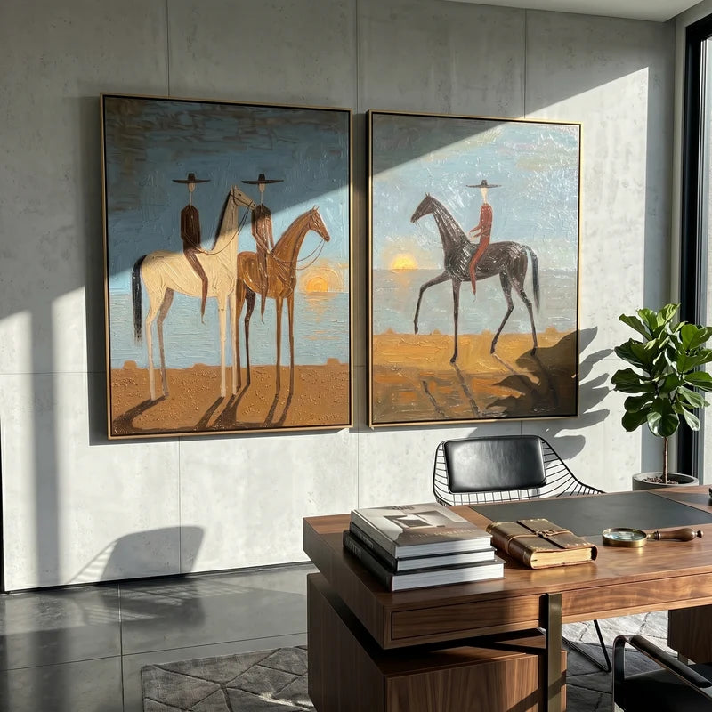 Sunset Horse Riders Diptych – Western Desert Wall Art#yy825109