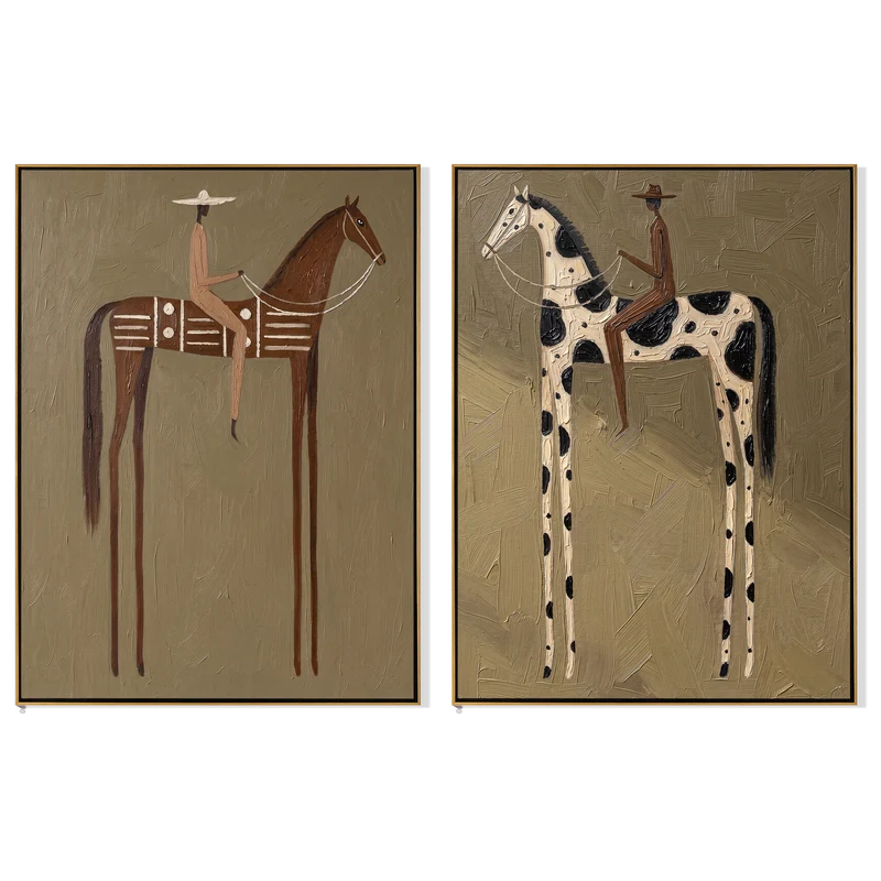 Brown and Pinto Horse Rider Diptych – Western Folk Wall Art#yy825110