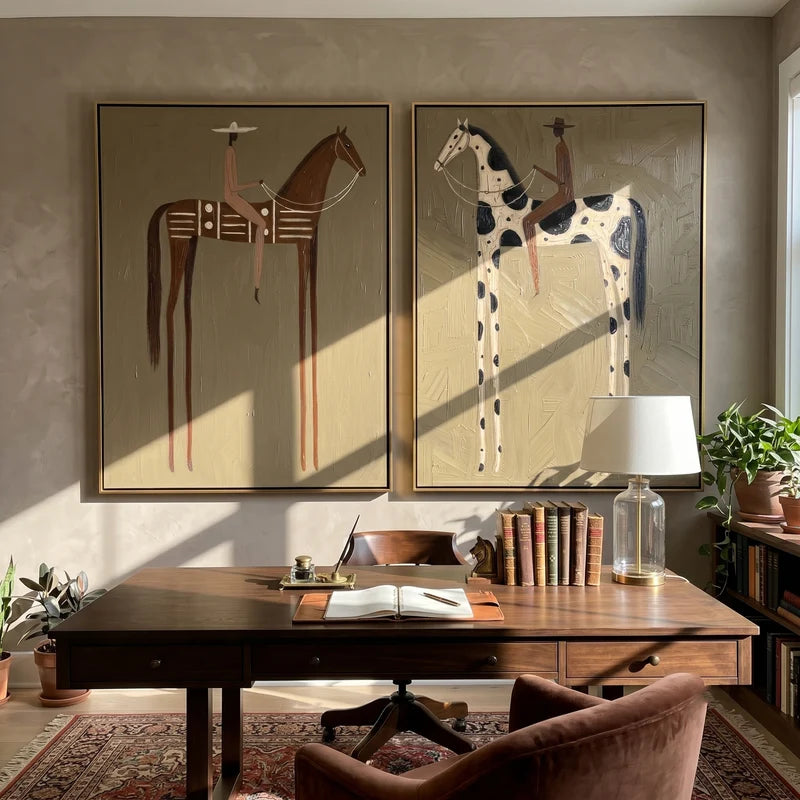 Brown and Pinto Horse Rider Diptych – Western Folk Wall Art#yy825110