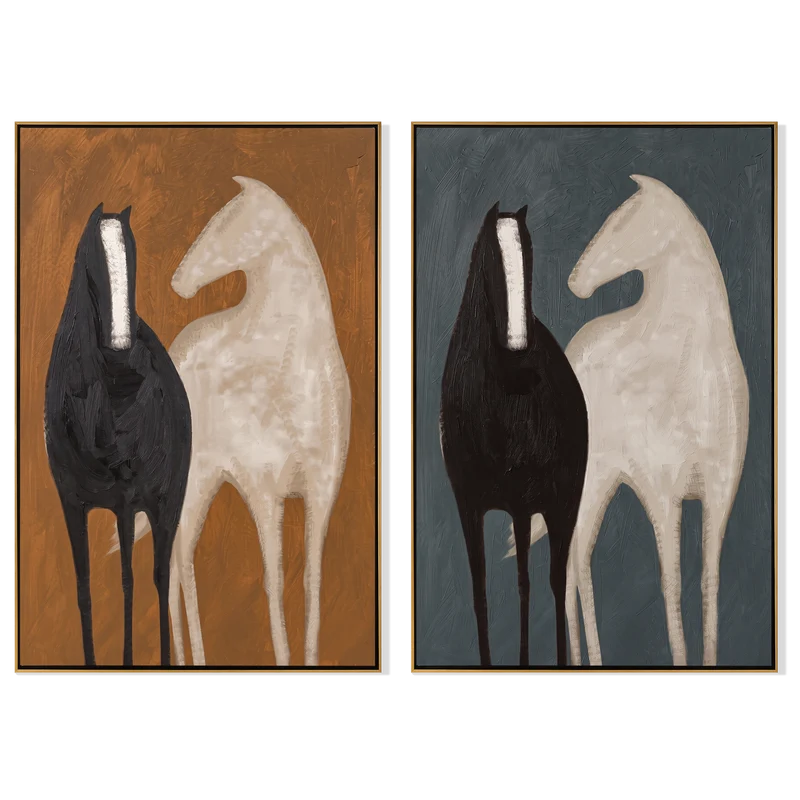 Horse Companions Diptych Wall Art – Ochre and Slate Blue Painting#yy825111