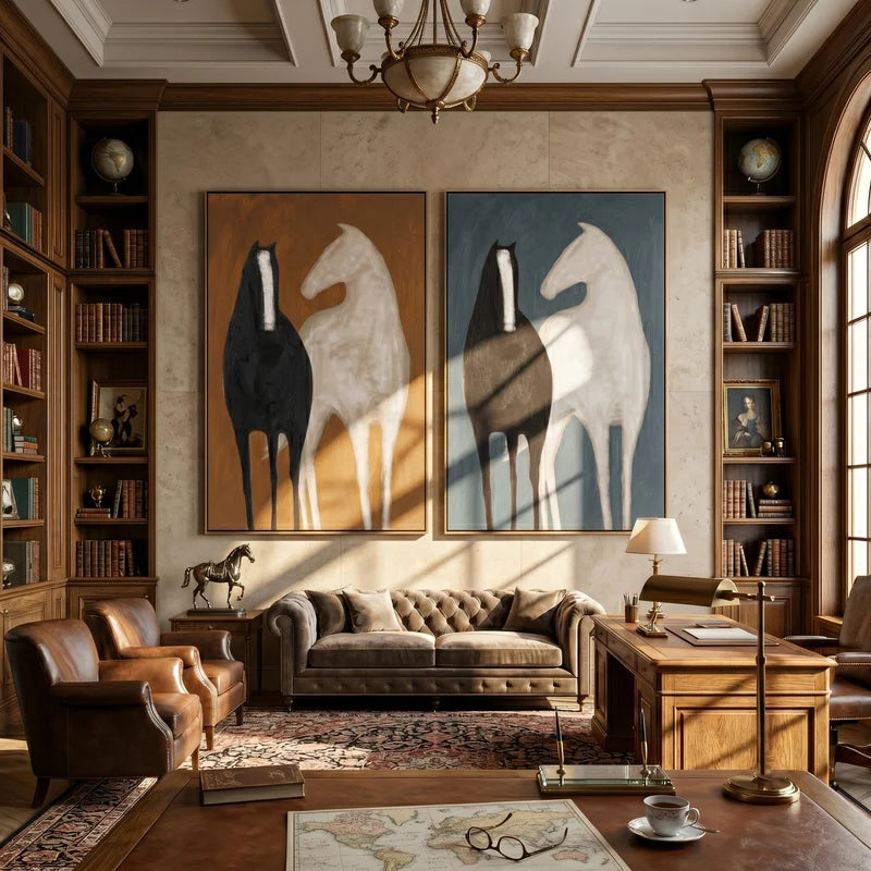 Horse Companions Diptych Wall Art – Ochre and Slate Blue Painting#yy825111