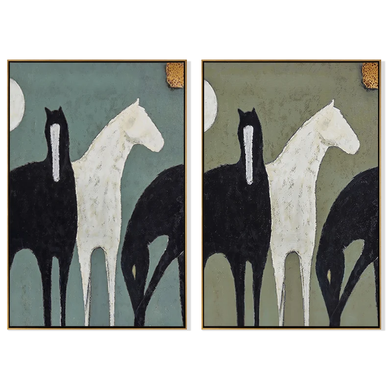Three Horse Diptych Wall Art – Blue Green and Sage Equestrian Painting#yy825112