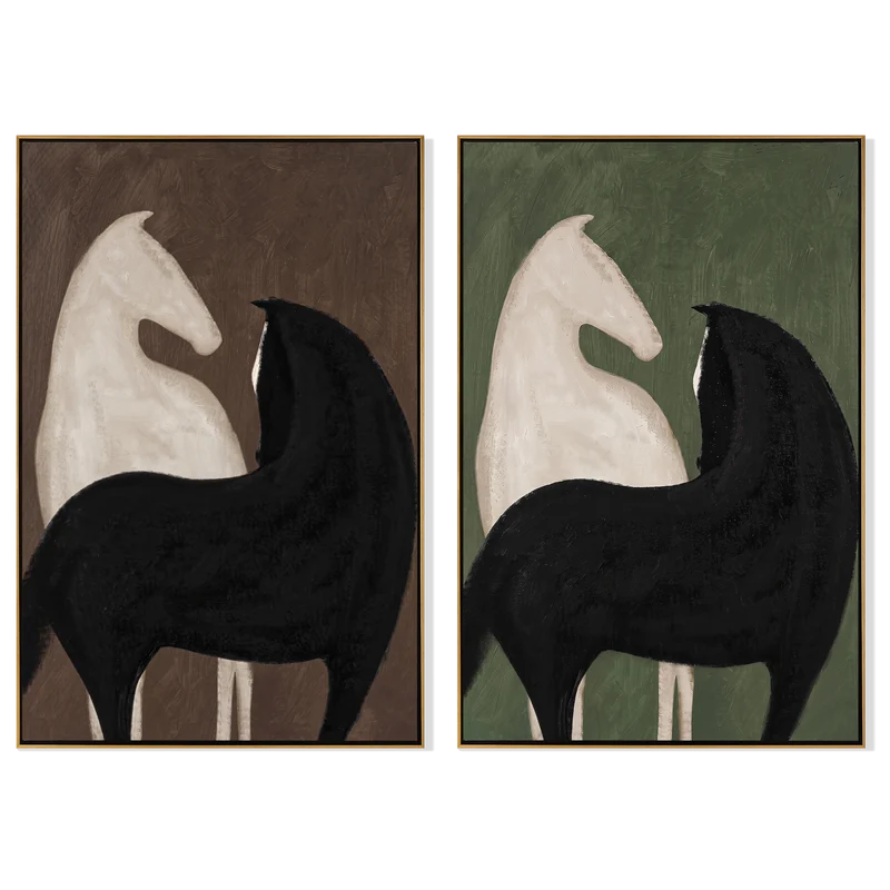 Abstract Black and White Horse Diptych – Cocoa and Forest Green Wall Art#yy825113
