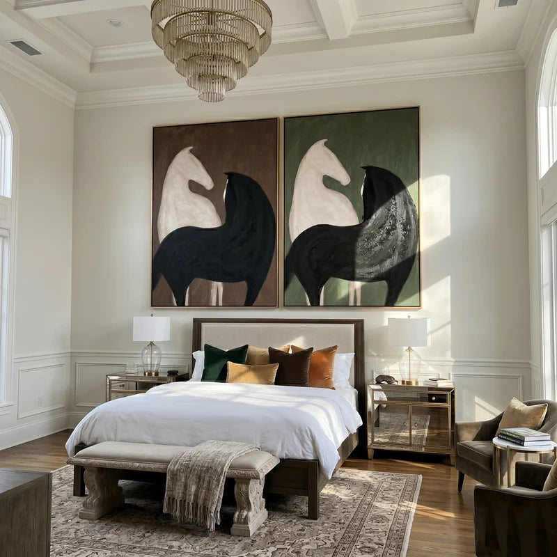 Abstract Black and White Horse Diptych – Cocoa and Forest Green Wall Art#yy825113