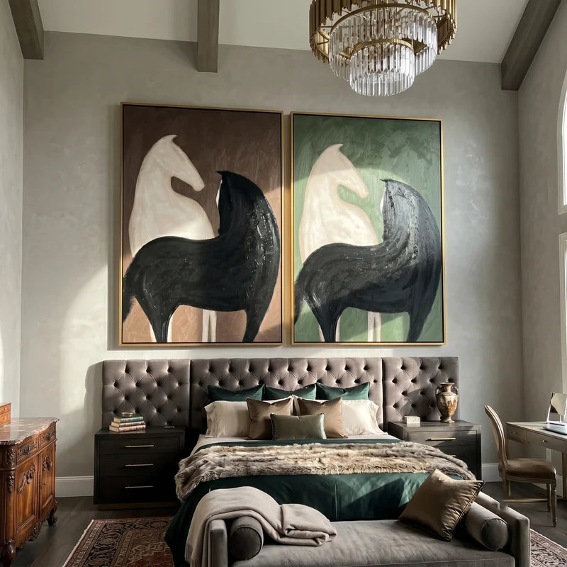 Abstract Black and White Horse Diptych – Cocoa and Forest Green Wall Art#yy825113