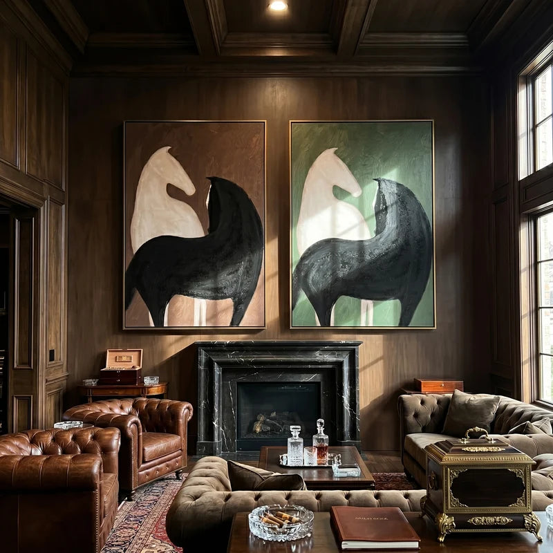 Abstract Black and White Horse Diptych – Cocoa and Forest Green Wall Art#yy825113