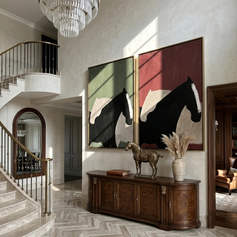 Black and White Horse Diptych Wall Art – Sage and Terracotta Painting#yy825114