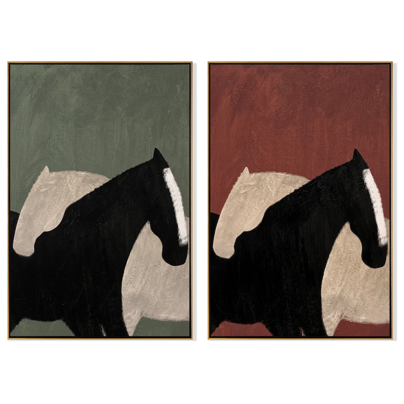 Black and White Horse Diptych Wall Art – Sage and Terracotta Painting#yy825114