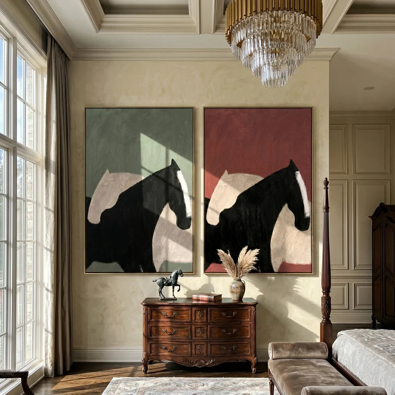 Black and White Horse Diptych Wall Art – Sage and Terracotta Painting#yy825114