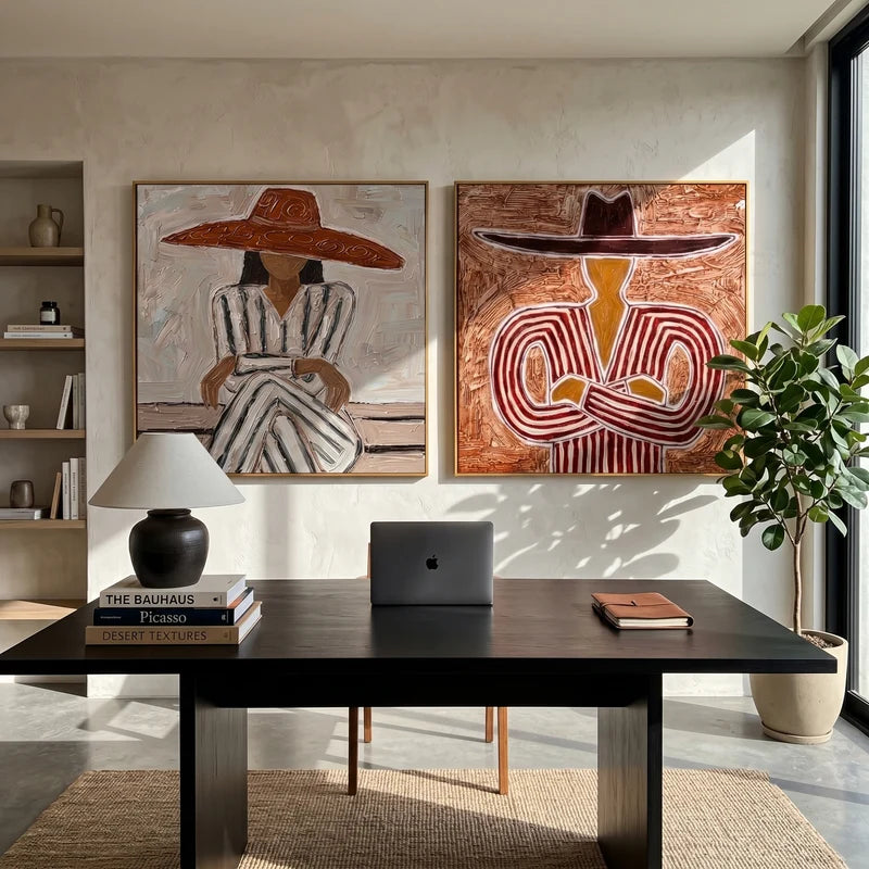 Western Hat Portrait Diptych Wall Art – Textured Striped Folk Painting#yy825115
