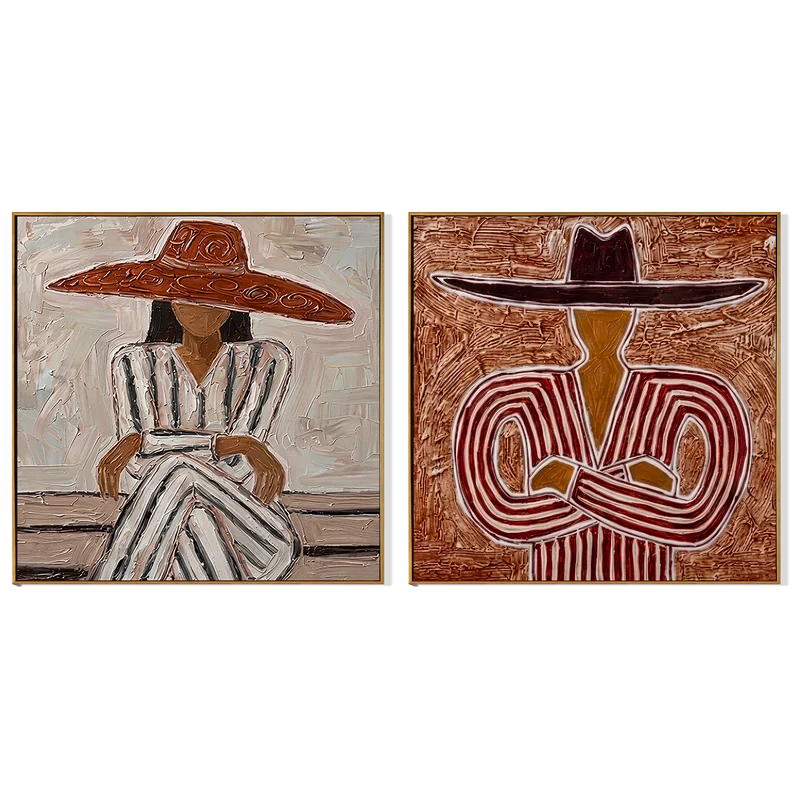 Western Hat Portrait Diptych Wall Art – Textured Striped Folk Painting#yy825115