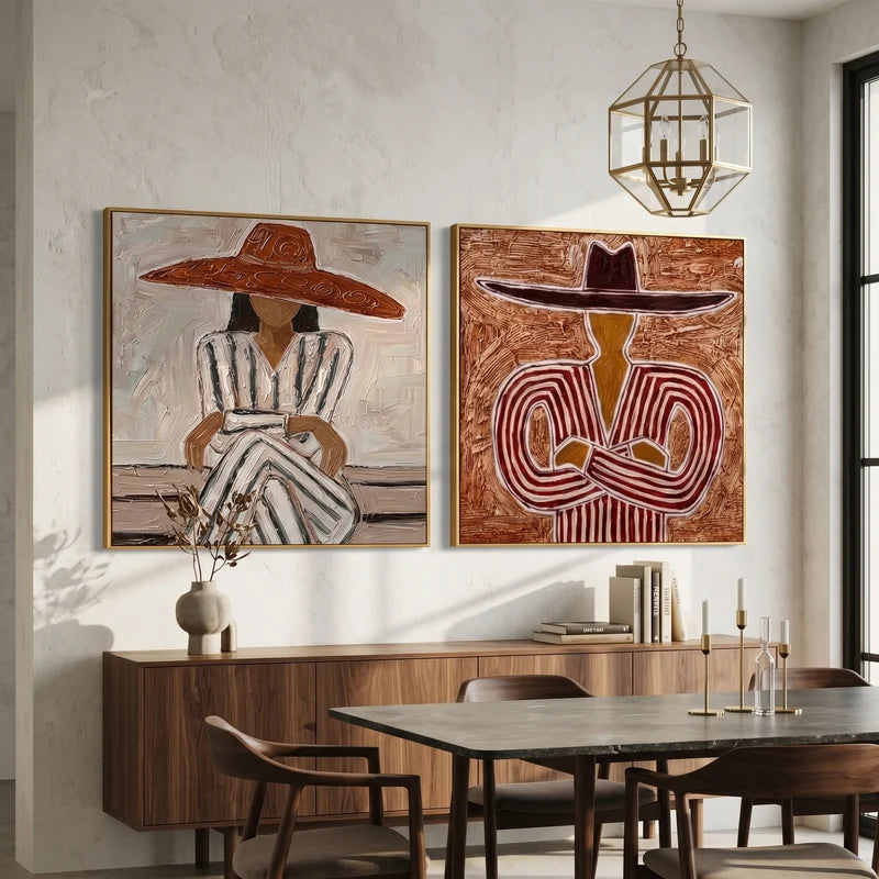 Western Hat Portrait Diptych Wall Art – Textured Striped Folk Painting#yy825115