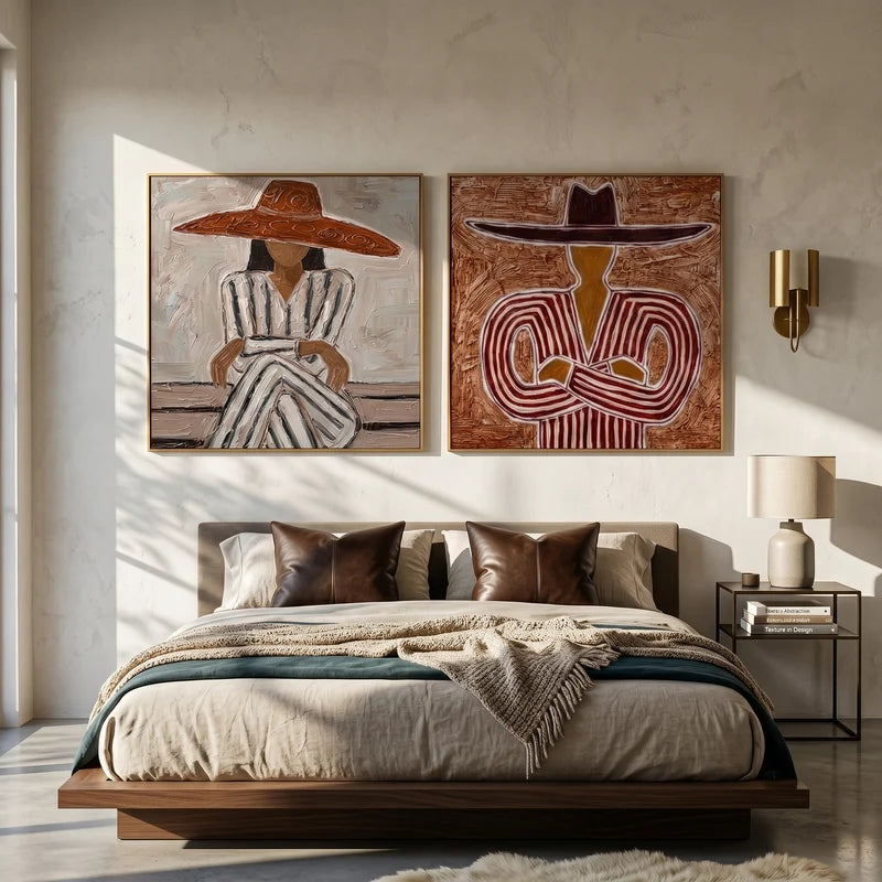 Western Hat Portrait Diptych Wall Art – Textured Striped Folk Painting#yy825115