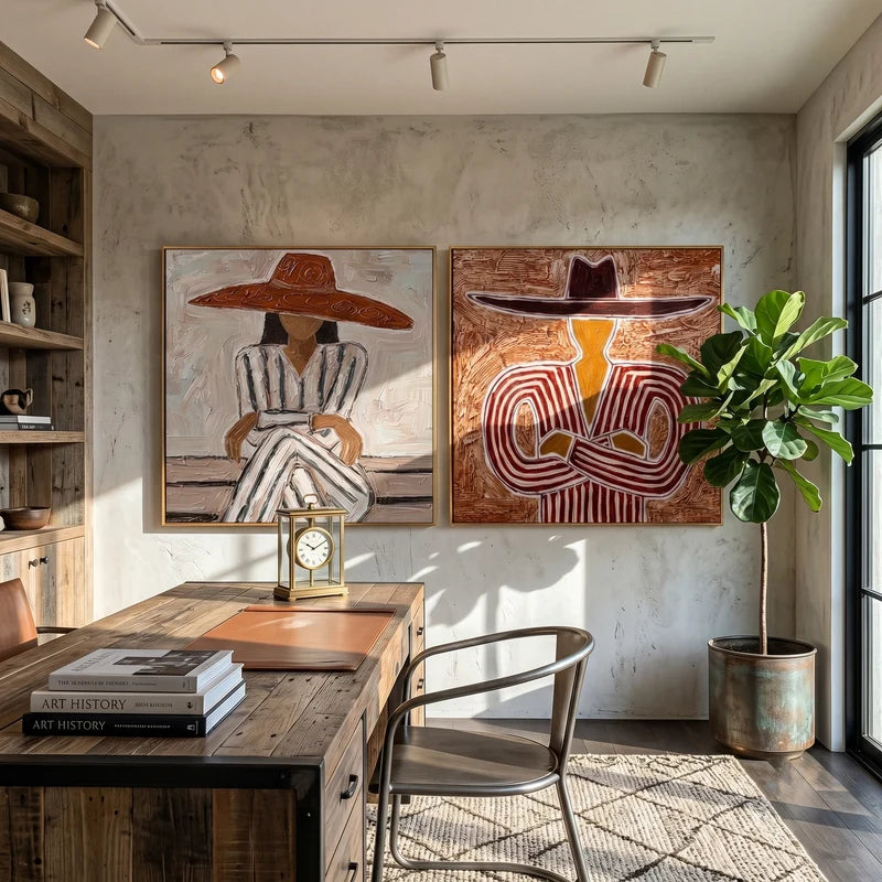 Western Hat Portrait Diptych Wall Art – Textured Striped Folk Painting#yy825115
