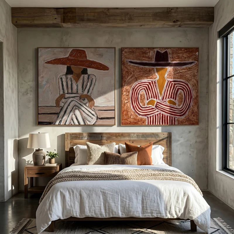 Western Hat Portrait Diptych Wall Art – Textured Striped Folk Painting#yy825115
