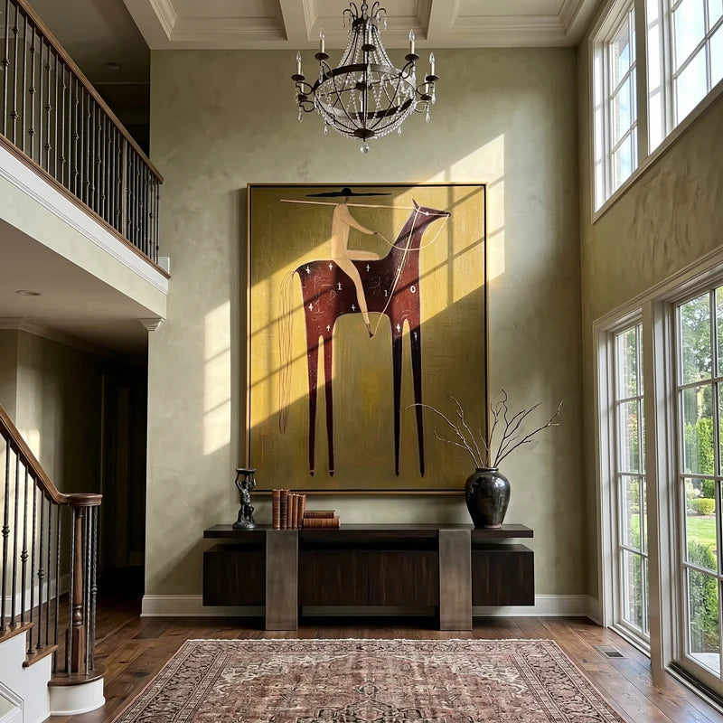 Lance Rider Black Horse Wall Art – Rustic Folk Equestrian Painting#yy825117
