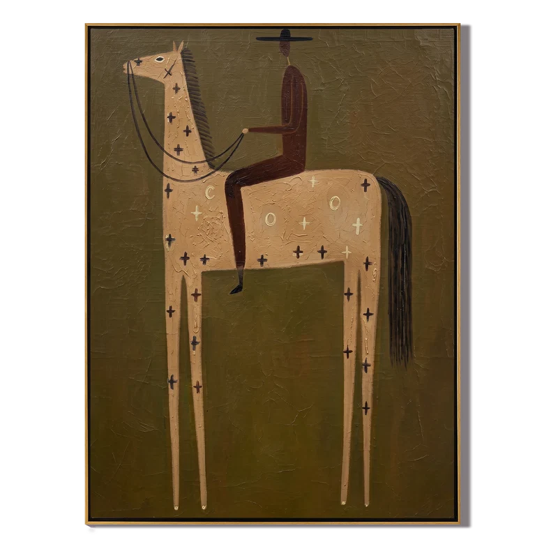 Celestial Sand Horse and Dark Rider Wall Art – Olive Western Painting#yy825118