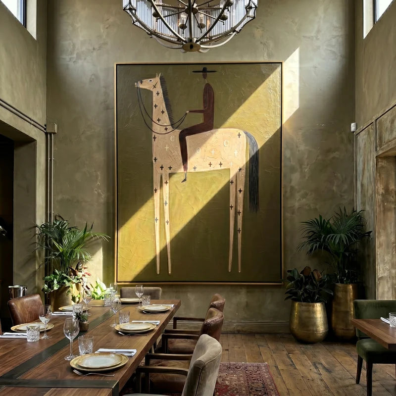 Celestial Sand Horse and Dark Rider Wall Art – Olive Western Painting#yy825118