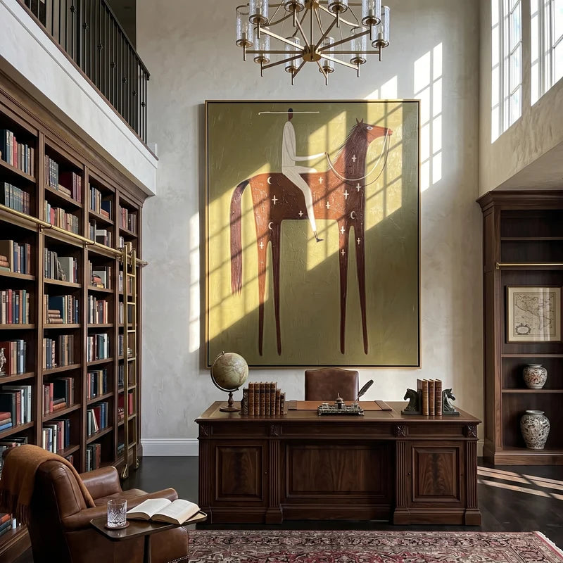 Celestial Chestnut Horse Rider Wall Art – Olive Western Painting#yy825119