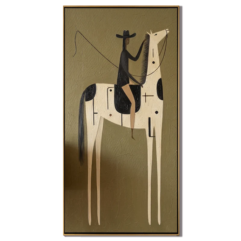 Black Hat Rider on Symbolic White Horse Wall Art – Olive Western Painting#yy825120