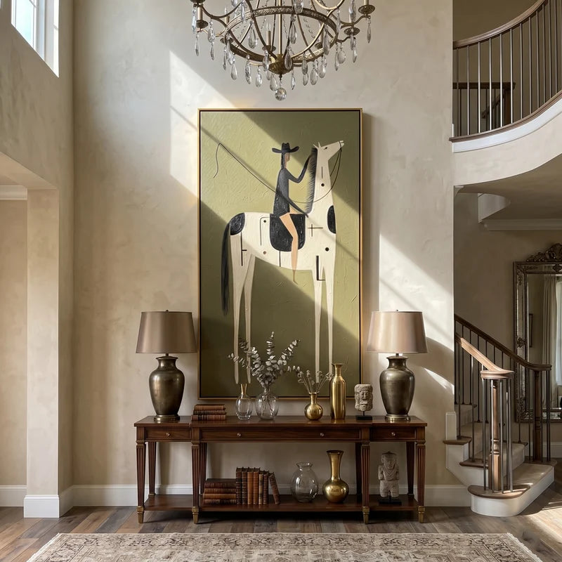 Black Hat Rider on Symbolic White Horse Wall Art – Olive Western Painting#yy825120