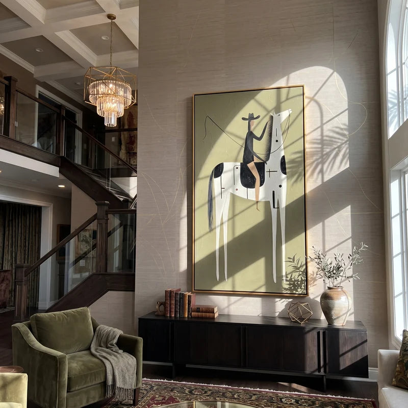 Black Hat Rider on Symbolic White Horse Wall Art – Olive Western Painting#yy825120