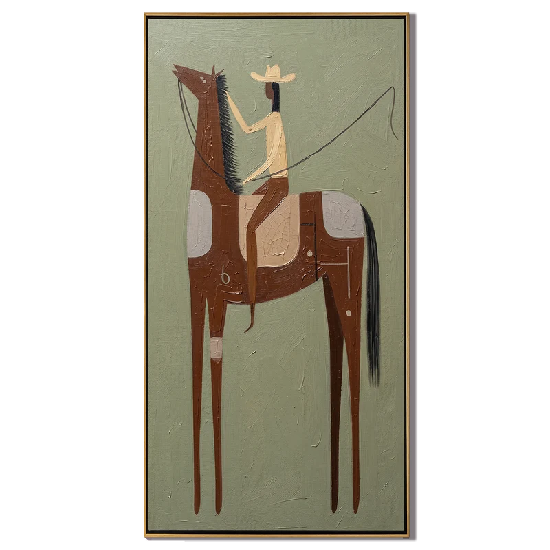 Long Rope Rider on Chestnut Horse Wall Art – Sage Western Folk Painting#yy825121