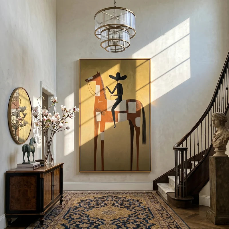 Patchwork Brown Horse Rider Wall Art – Golden Western Folk Painting#yy825122