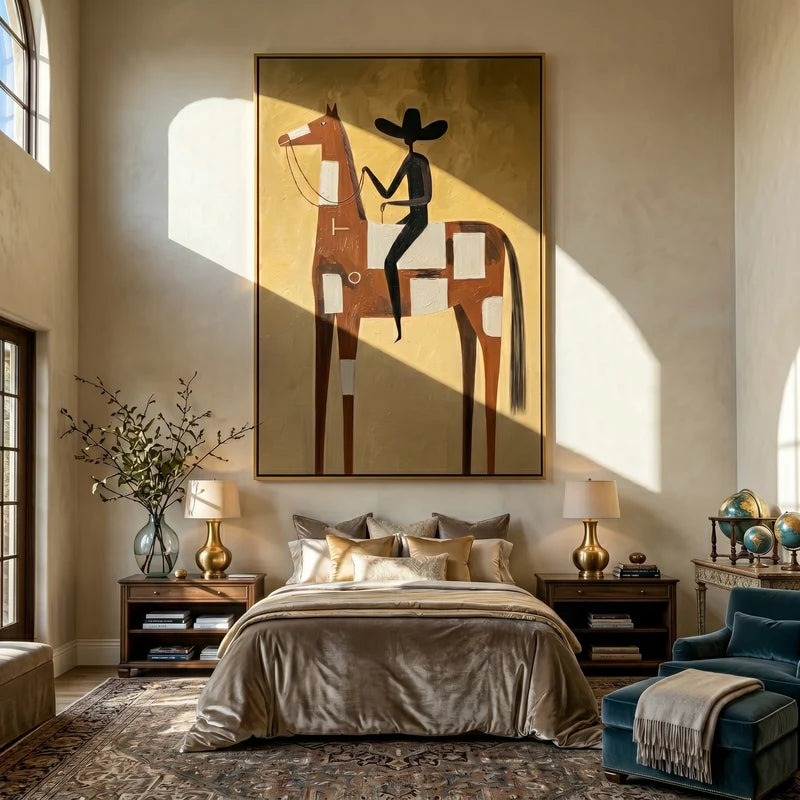 Patchwork Brown Horse Rider Wall Art – Golden Western Folk Painting#yy825122