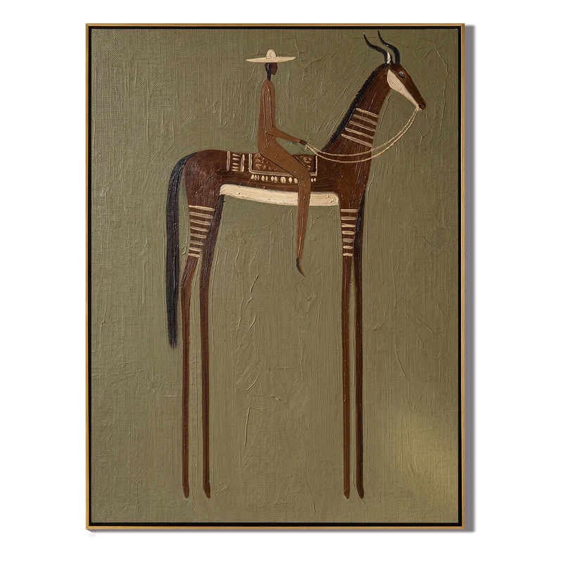 Horned Brown Horse Rider Wall Art – Southwestern Folk Painting#yy825125