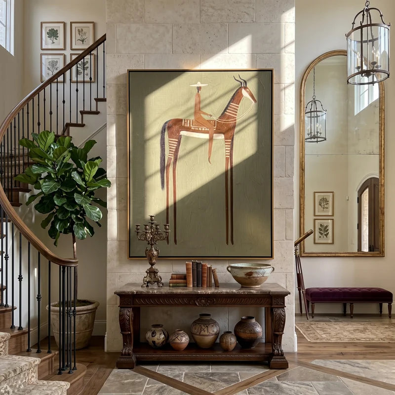Horned Brown Horse Rider Wall Art – Southwestern Folk Painting#yy825125
