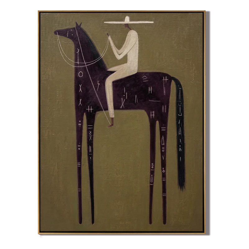 Symbol-Marked Black Horse Rider Wall Art – Mystical Western Painting#yy825128