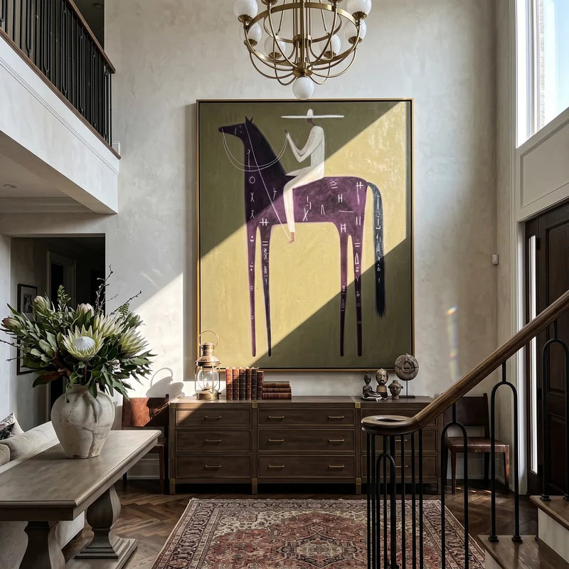 Symbol-Marked Black Horse Rider Wall Art – Mystical Western Painting#yy825128