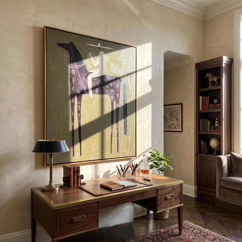 Symbol-Marked Black Horse Rider Wall Art – Mystical Western Painting#yy825128