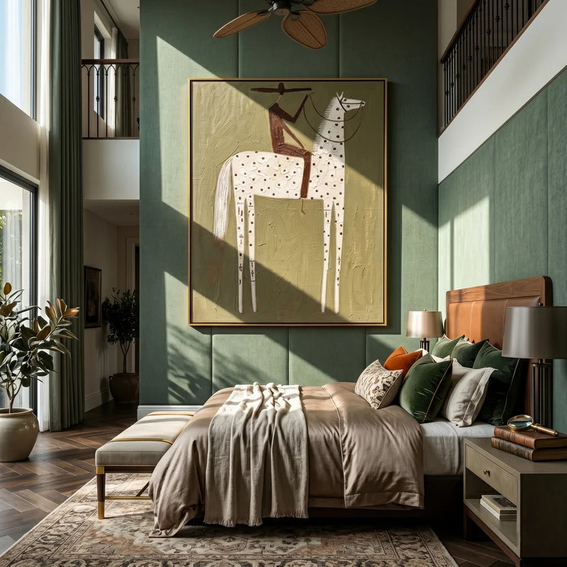 Speckled White Horse Rider Wall Art – Olive Western Folk Painting#yy825129