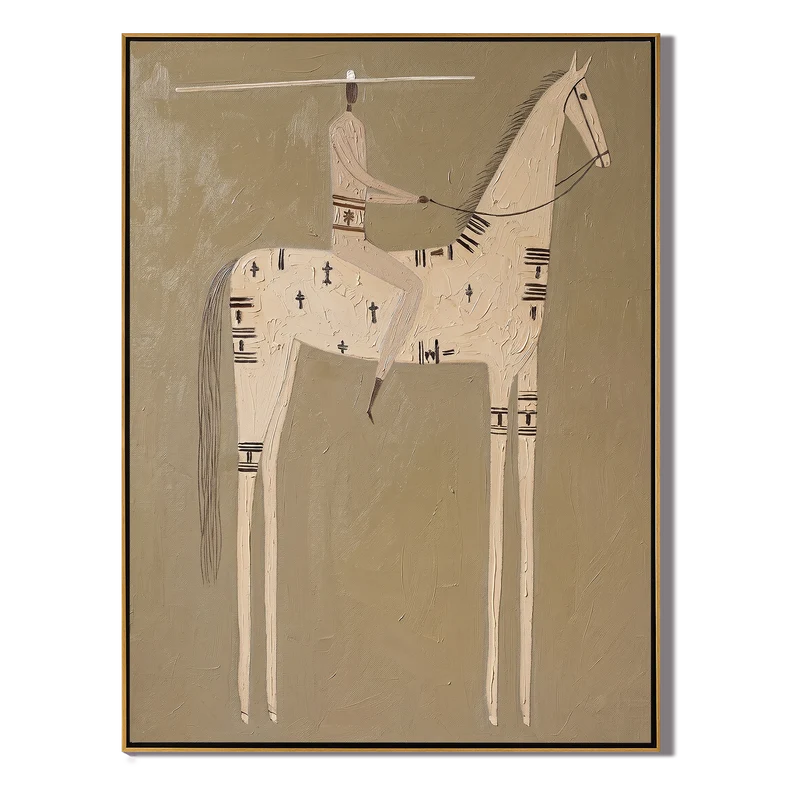 Geometric Ivory Horse Rider Wall Art – Neutral Southwestern Painting#yy825131