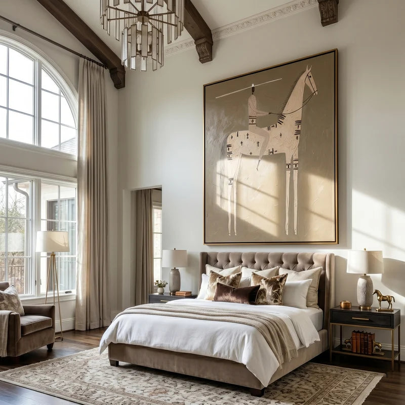 Geometric Ivory Horse Rider Wall Art – Neutral Southwestern Painting#yy825131