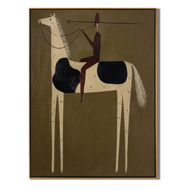 Spear Rider on Black and White Horse Wall Art – Primitive Western Painting#yy825133