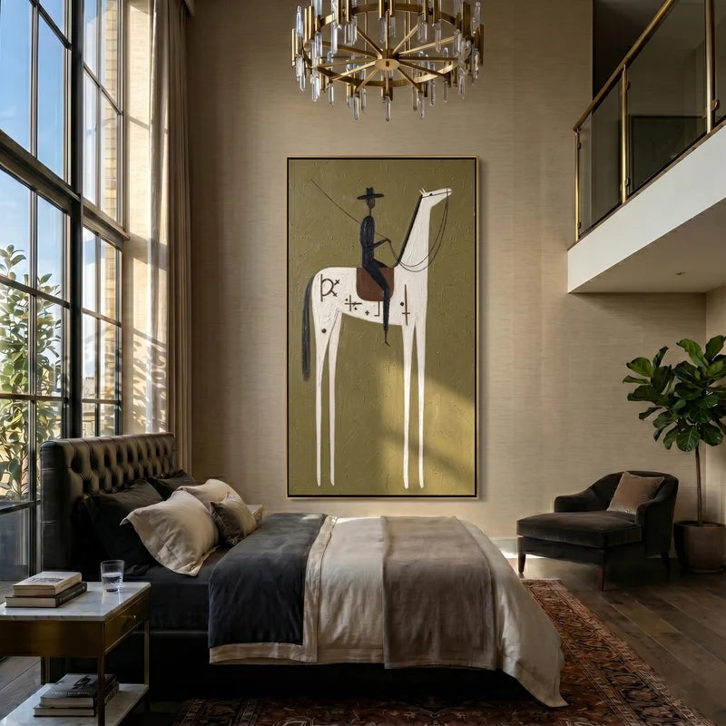 Symbolic White Horse and Black Rider Wall Art – Olive Western Painting#yy825134