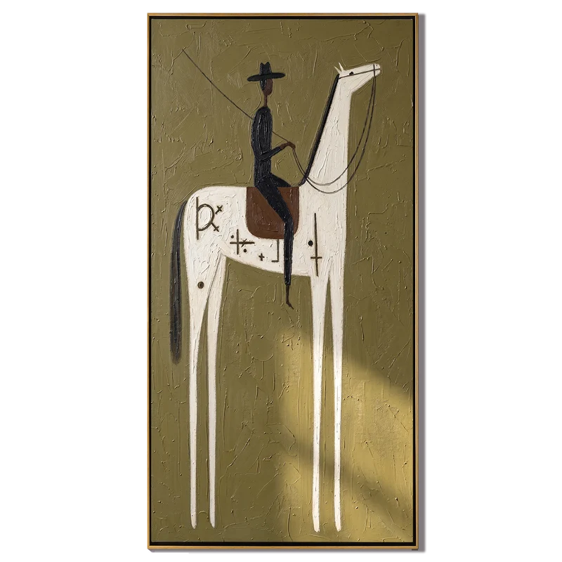 Symbolic White Horse and Black Rider Wall Art – Olive Western Painting#yy825134
