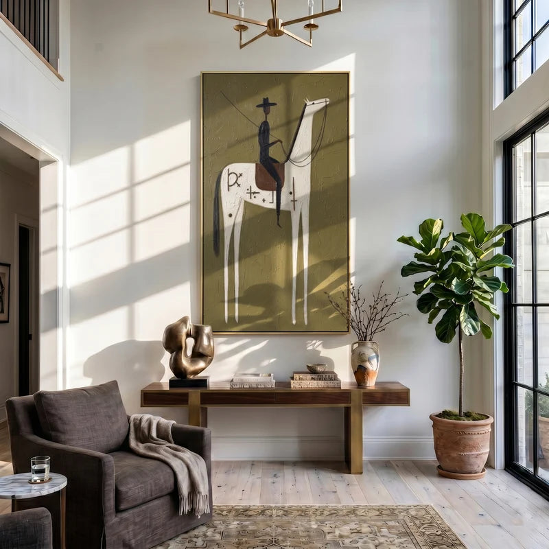 Symbolic White Horse and Black Rider Wall Art – Olive Western Painting#yy825134