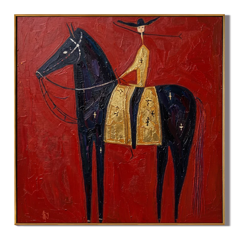 Black Horse with Golden Saddle Rider Wall Art – Red Western Folk Painting#yy825135