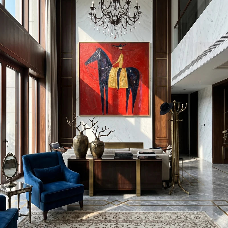 Black Horse with Golden Saddle Rider Wall Art – Red Western Folk Painting#yy825135