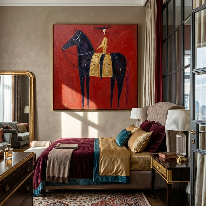 Black Horse with Golden Saddle Rider Wall Art – Red Western Folk Painting#yy825135