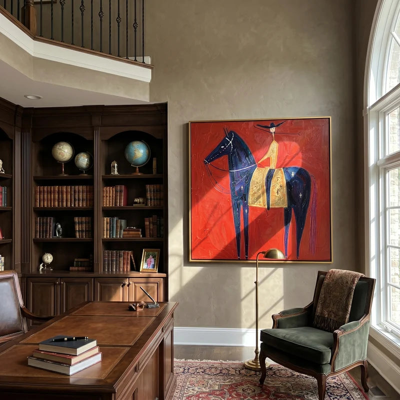 Black Horse with Golden Saddle Rider Wall Art – Red Western Folk Painting#yy825135