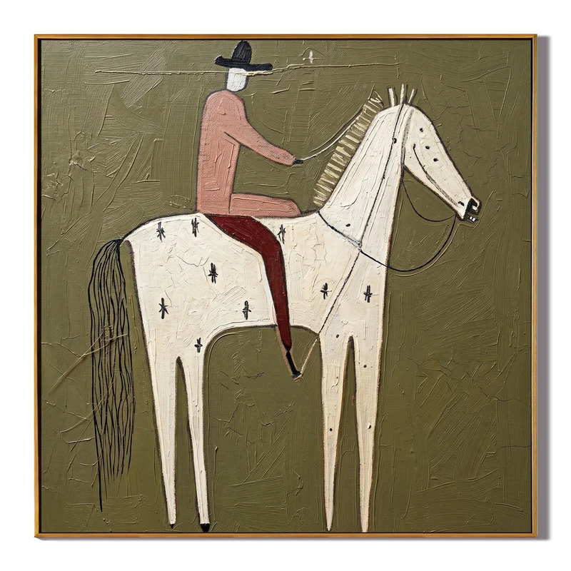 Star-Marked White Horse Rider Wall Art – Olive Western Folk Painting#yy825136